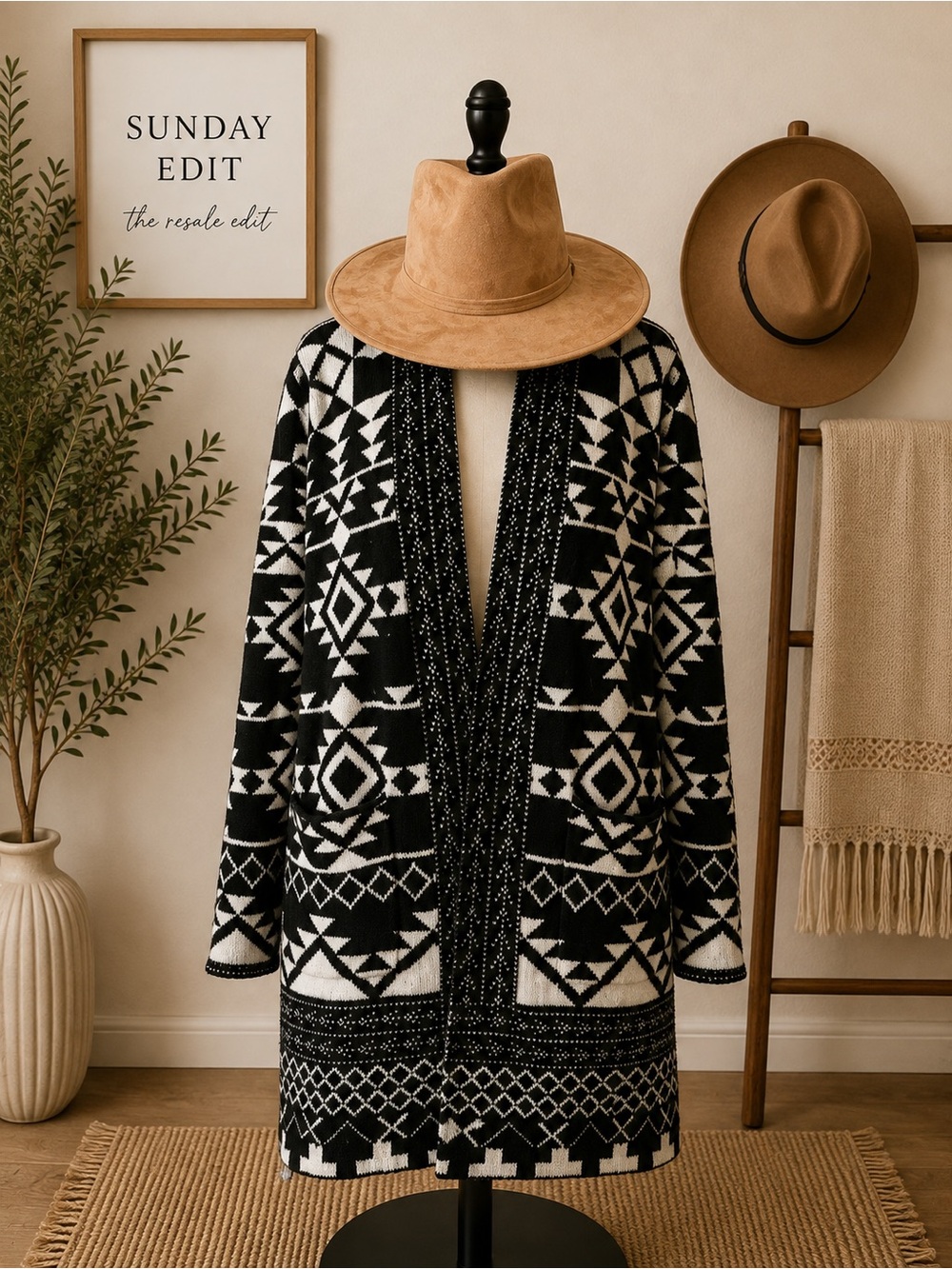 FRYE Black & White Geometric Knit Cardigan